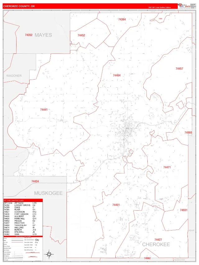 Cherokee County, OK ZIP Code Wall Map, RedLine style