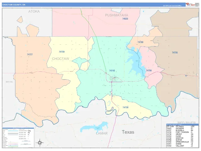 Choctaw County, OK ZIP Code Wall Map, ColorCast style