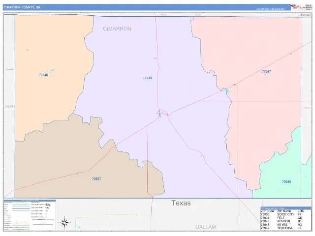 Cimarron County, OK ZIP Code Wall Map, ColorCast style