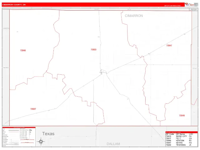Cimarron County, OK ZIP Code Wall Map, RedLine style