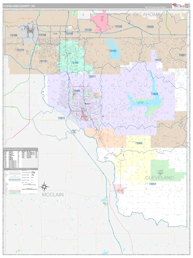 Cleveland County, OK ZIP Code Wall Map, Classic style