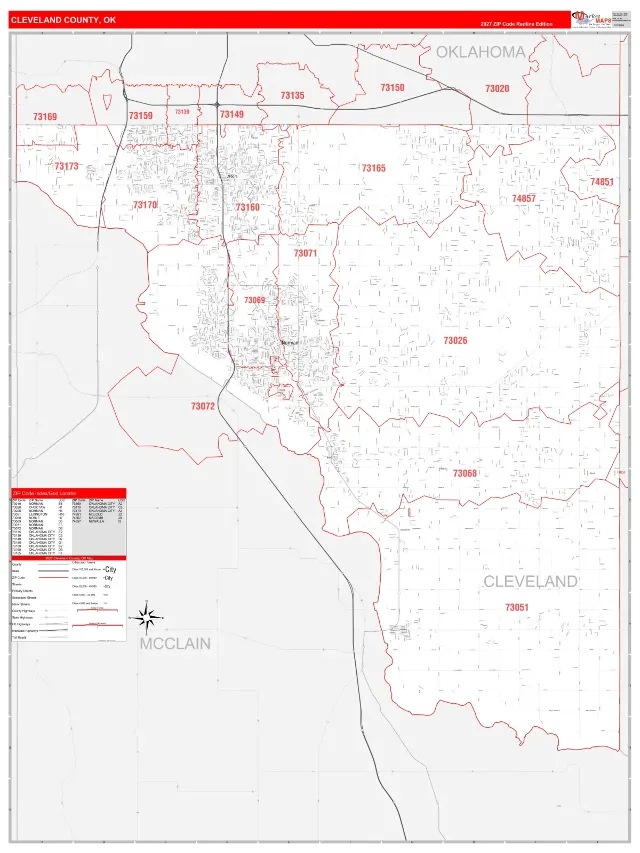 Cleveland County, OK ZIP Code Wall Map, RedLine style