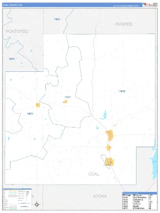 Coal County, OK Business Reference style ZIP Code wall map