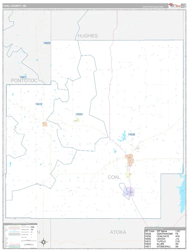 Coal County, OK ZIP Code Wall Map, Classic style