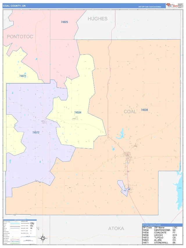 Coal County, OK ZIP Code Wall Map, ColorCast style