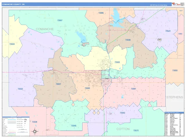 Comanche County, OK ZIP Code Wall Map, ColorCast style
