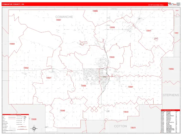 Comanche County, OK ZIP Code Wall Map, RedLine style