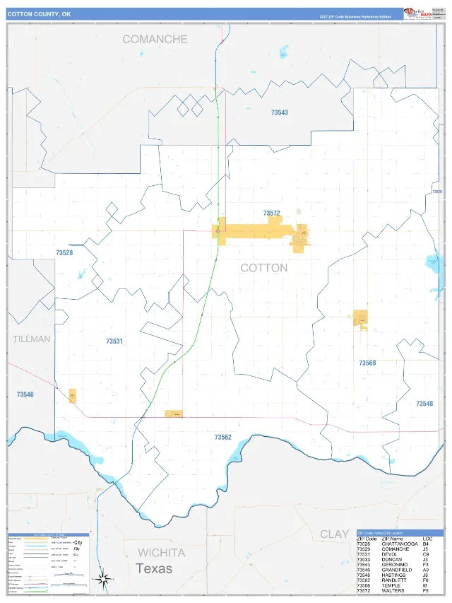 Cotton County, OK ZIP Code Wall Map, Business Reference style
