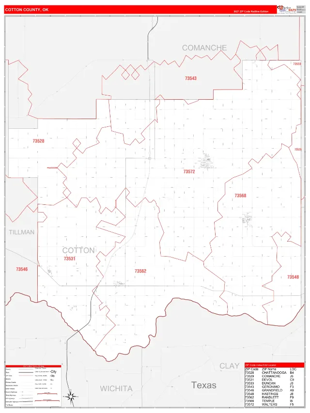 Cotton County, OK ZIP Code Wall Map, RedLine style