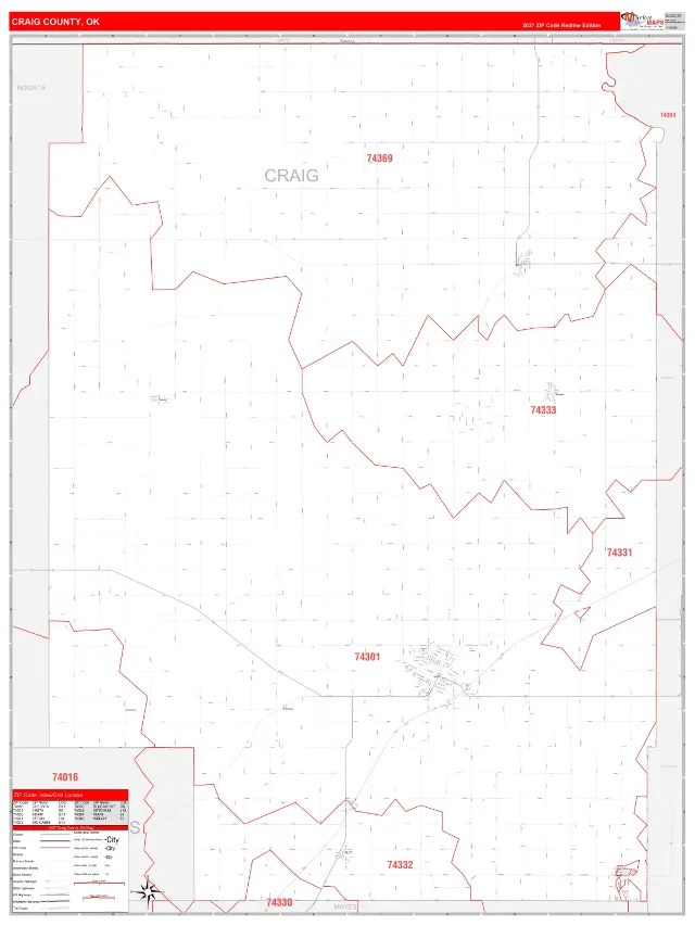 Craig County, OK ZIP Code Wall Map, RedLine style
