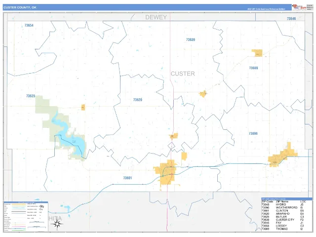 Custer County, OK ZIP Code Wall Map, Business Reference style