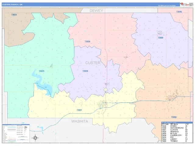 Custer County, OK ZIP Code Wall Map, ColorCast style