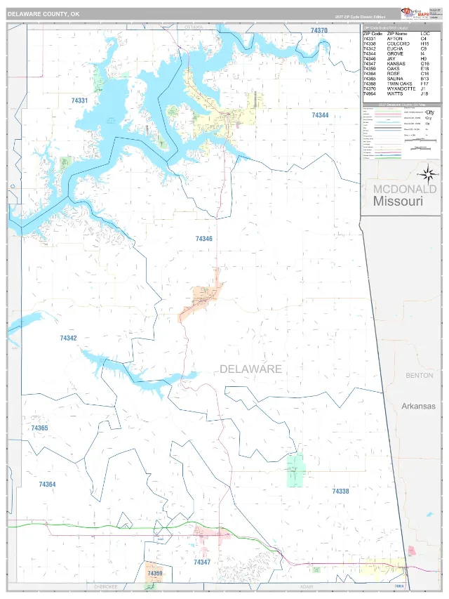 Delaware County, OK ZIP Code Wall Map, Classic style
