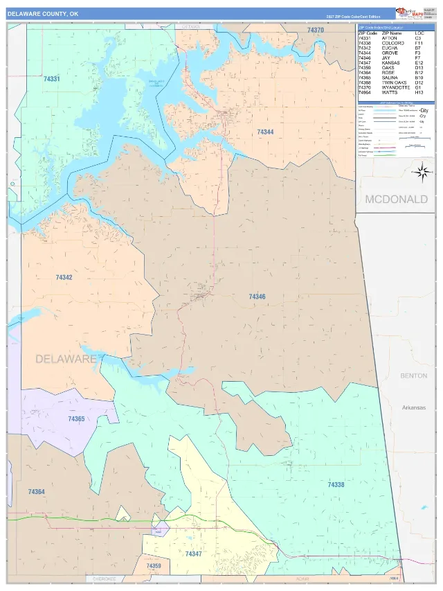 Delaware County, OK ZIP Code Wall Map, ColorCast style