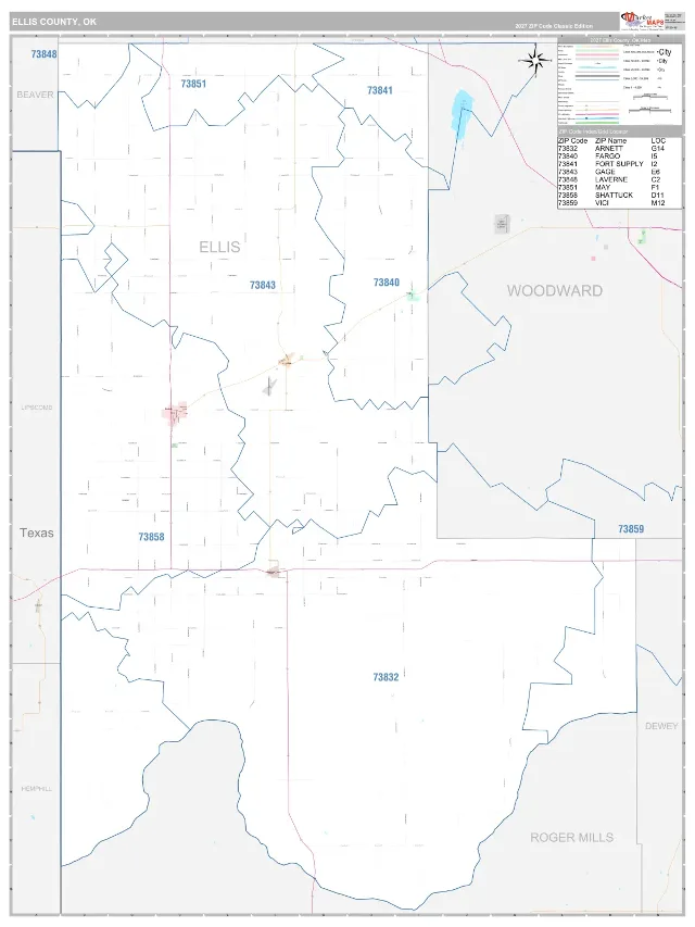 Ellis County, OK ZIP Code Wall Map, Classic style