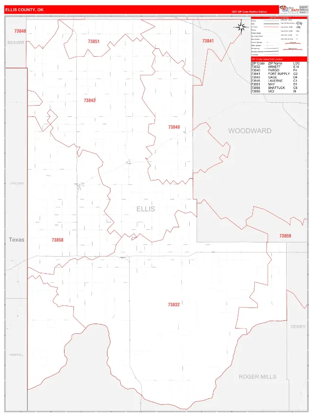 Ellis County, OK ZIP Code Wall Map, RedLine style