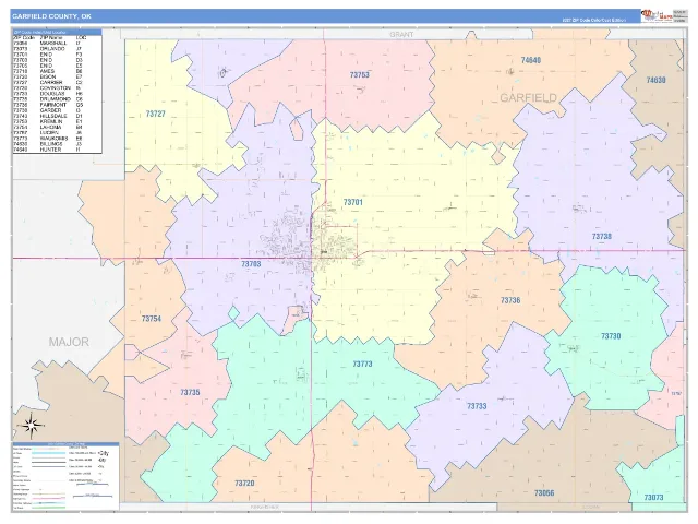 Garfield County, OK ZIP Code Wall Map, ColorCast style