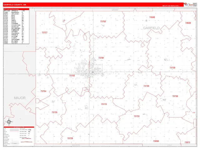 Garfield County, OK ZIP Code Wall Map, RedLine style