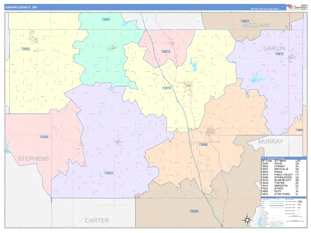Garvin County, OK ZIP Code Wall Map, ColorCast style