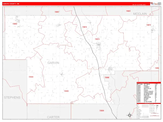 Garvin County, OK ZIP Code Wall Map, RedLine style