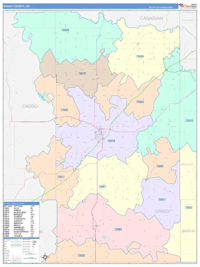 Grady County, OK ZIP Code Wall Map, ColorCast style