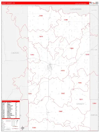 Grady County, OK RedLine style ZIP Code wall map