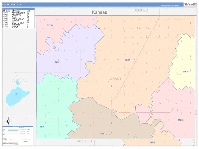 Grant County, OK ZIP Code Wall Map, ColorCast style