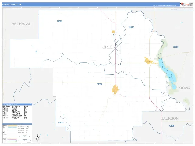 Greer County, OK ZIP Code Wall Map, Business Reference style