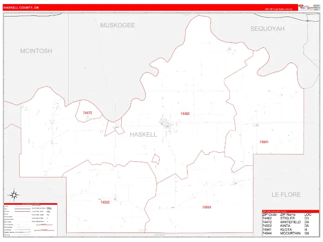 Haskell County, OK ZIP Code Wall Map, RedLine style