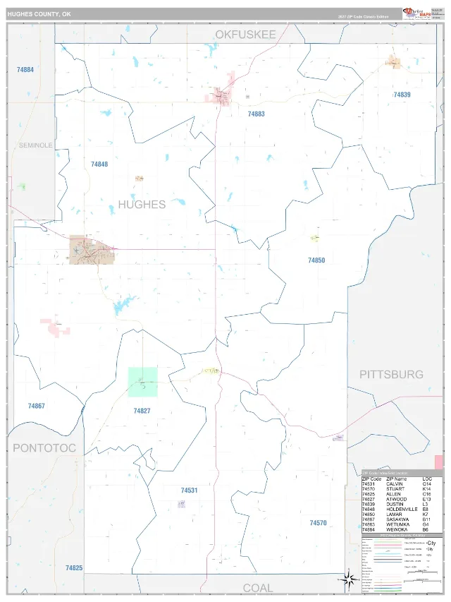 Hughes County, OK ZIP Code Wall Map, Classic style