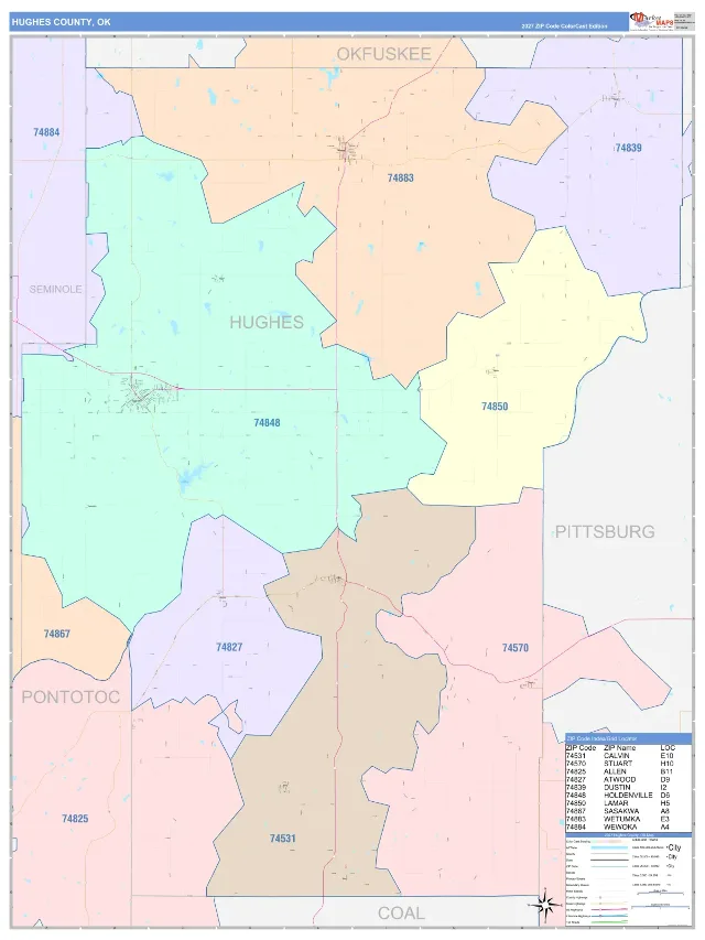 Hughes County, OK ZIP Code Wall Map, ColorCast style