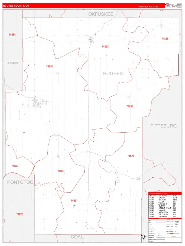 Hughes County, OK ZIP Code Wall Map, RedLine style