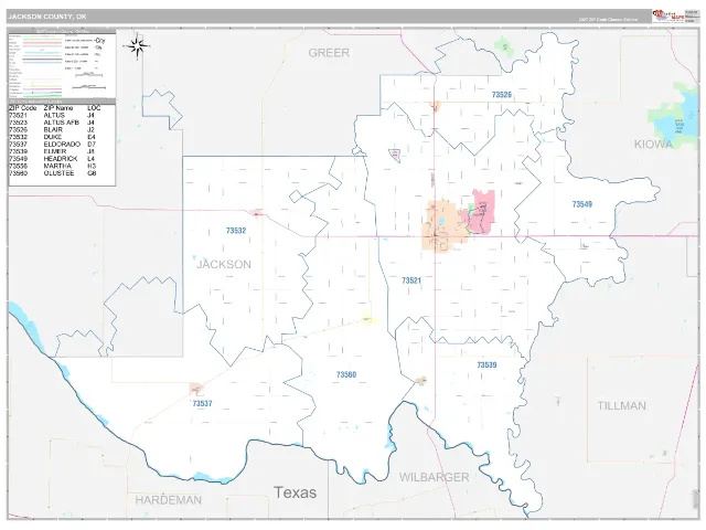 Jackson County, OK ZIP Code Wall Map, Classic style