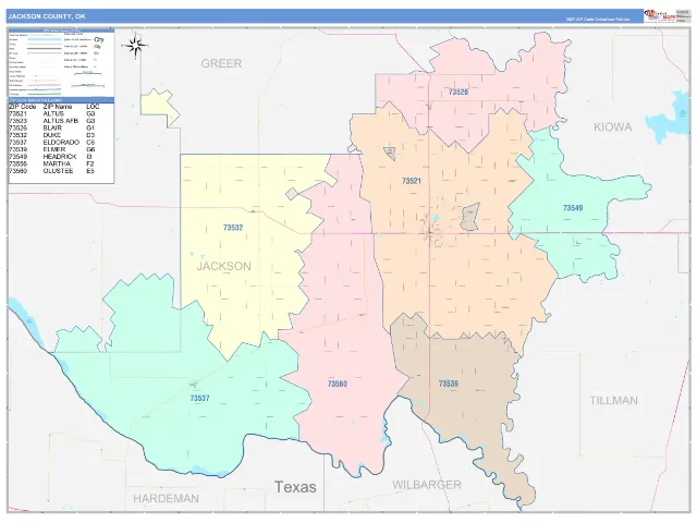 Jackson County, OK ZIP Code Wall Map, ColorCast style