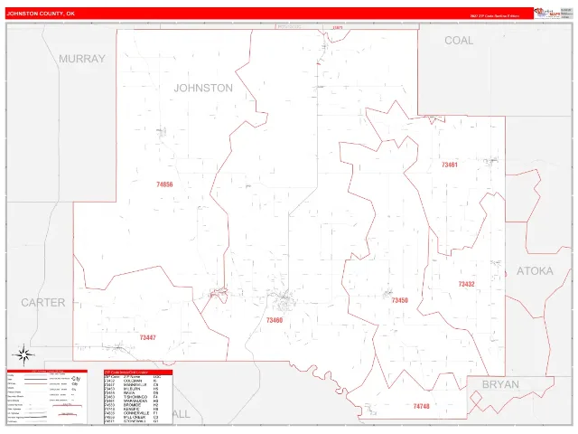 Johnston County, OK ZIP Code Wall Map, RedLine style