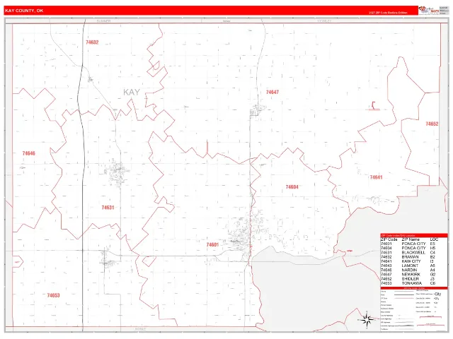 Kay County, OK ZIP Code Wall Map, RedLine style