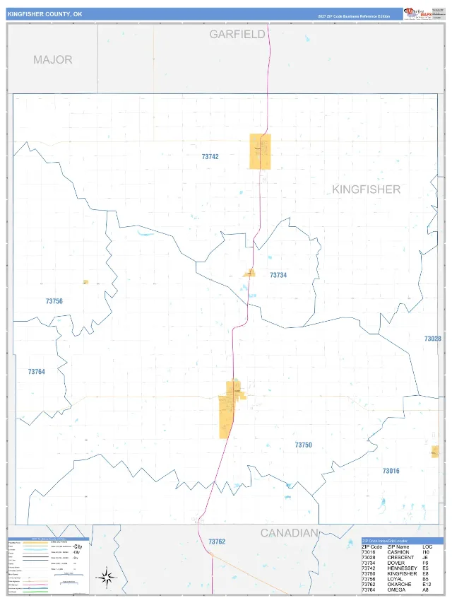 Kingfisher County, OK ZIP Code Wall Map, Business Reference style