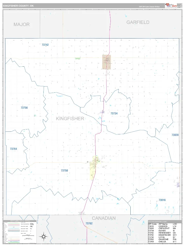 Kingfisher County, OK ZIP Code Wall Map, Classic style