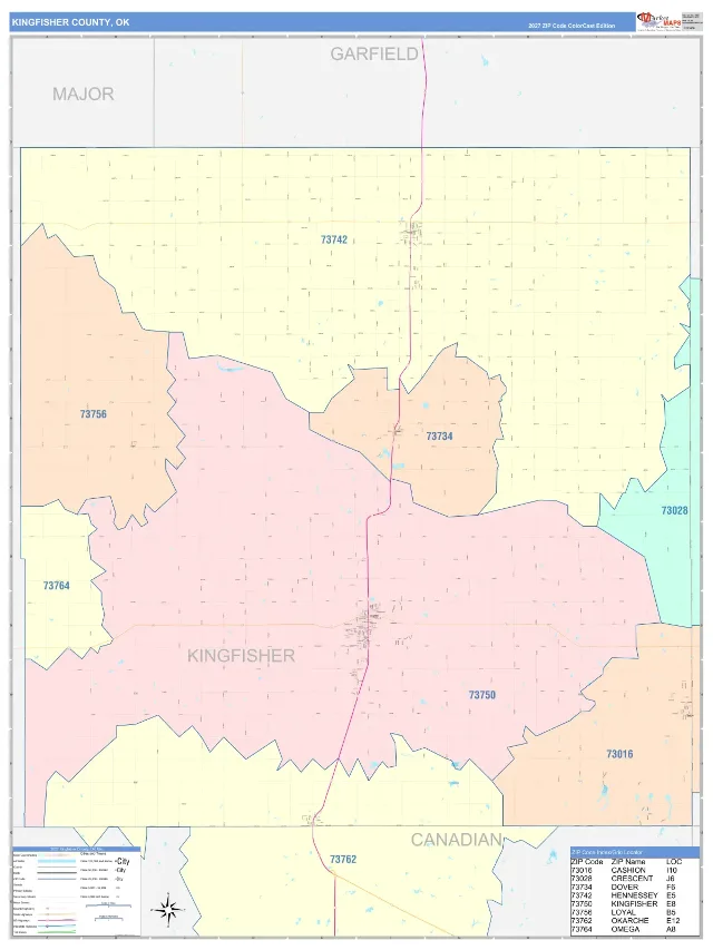 Kingfisher County, OK ZIP Code Wall Map, ColorCast style