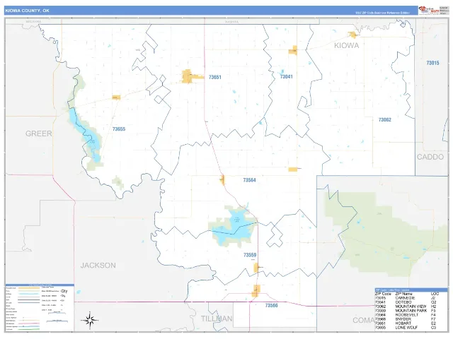 Kiowa County, OK ZIP Code Wall Map, Business Reference style