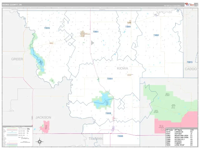 Kiowa County, OK ZIP Code Wall Map, Classic style