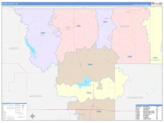 Kiowa County, OK ZIP Code Wall Map, ColorCast style