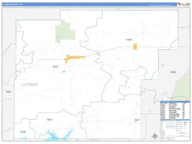 Latimer County, OK ZIP Code Wall Map, Business Reference style