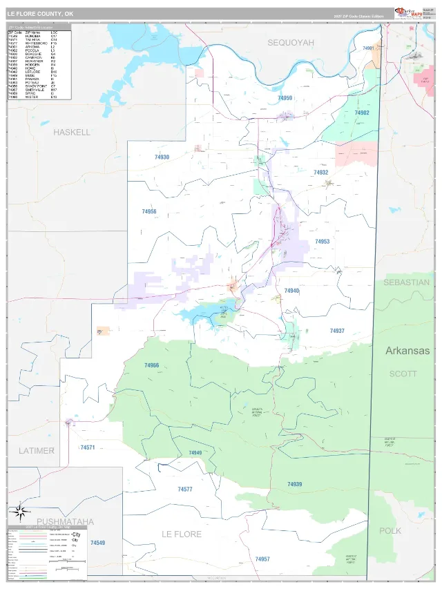 Le Flore County, OK ZIP Code Wall Map, Classic style
