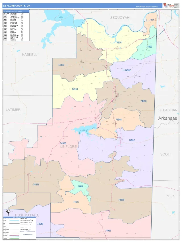 Le Flore County, OK ZIP Code Wall Map, ColorCast style