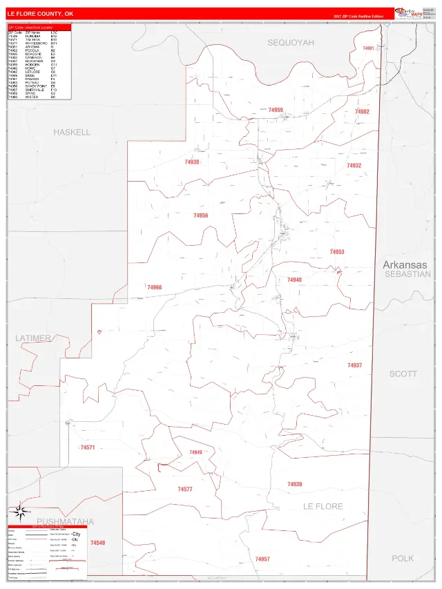 Le Flore County, OK ZIP Code Wall Map, RedLine style