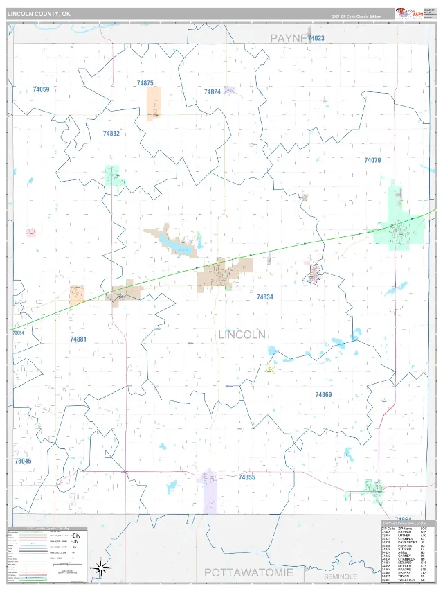 Lincoln County, OK ZIP Code Wall Map, Classic style