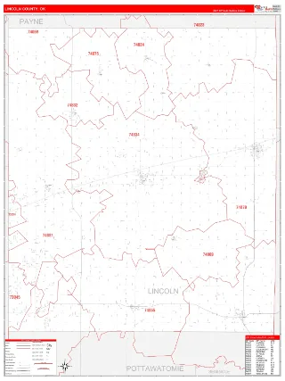Lincoln County, OK RedLine style ZIP Code wall map