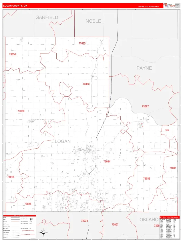 Logan County, OK ZIP Code Wall Map, RedLine style