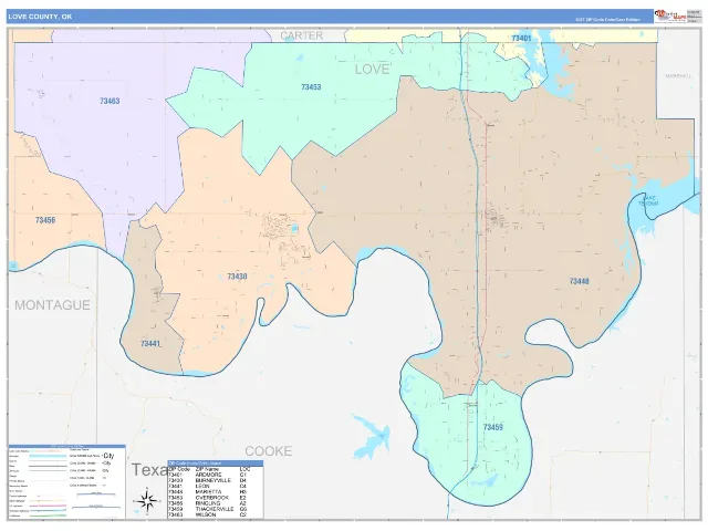 Love County, OK ZIP Code Wall Map, ColorCast style